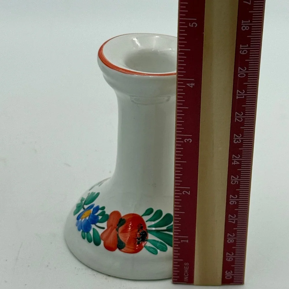 Vintage Hand Painted Hungary Folk Art Ceramic Candlestick Holders Set of 2 White